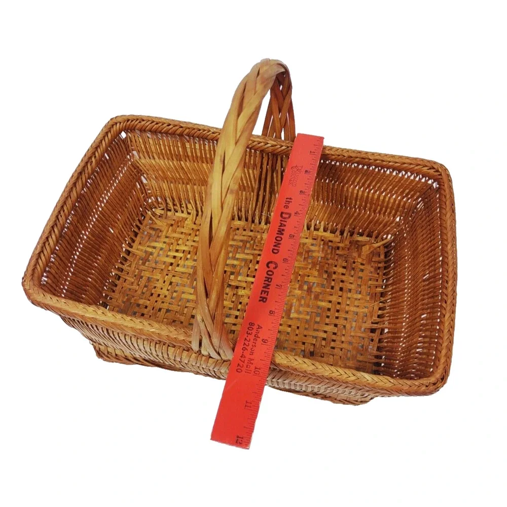 Antique Chinese Split Bamboo Handmade Woven Gathering Basket with Handle 14